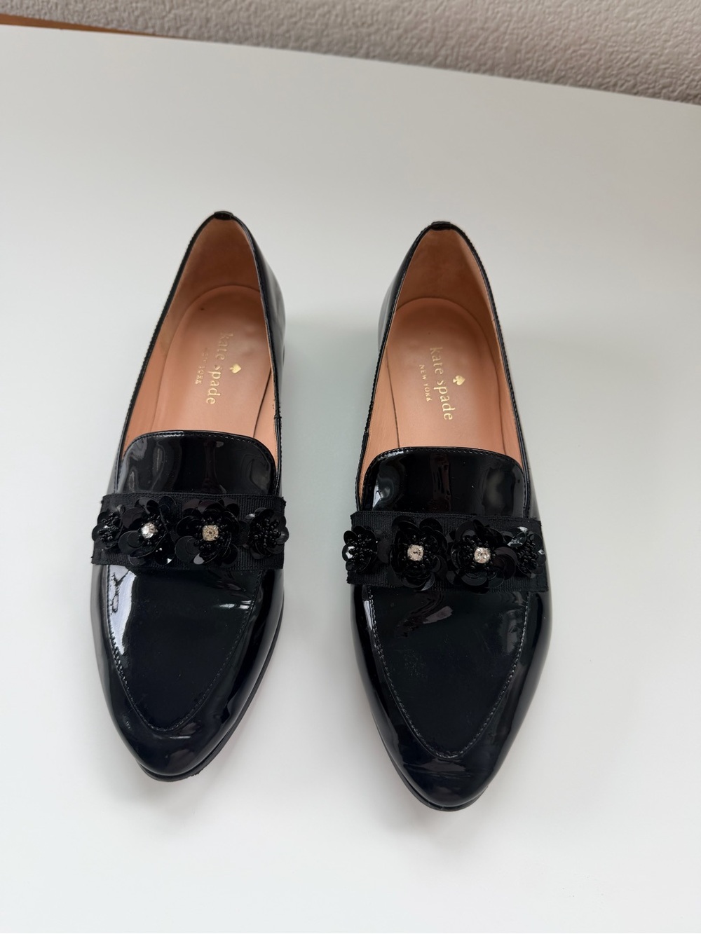 Kate Spade Black Patent Floral Embellished Loafers